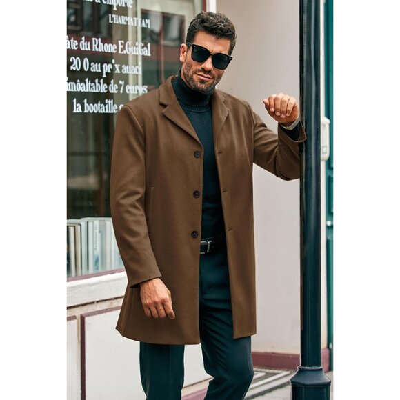 Mens Brown Mid Long Fit Winter Pea Coat Single Breasted Business Trench Coat - Picture 2 of 5
